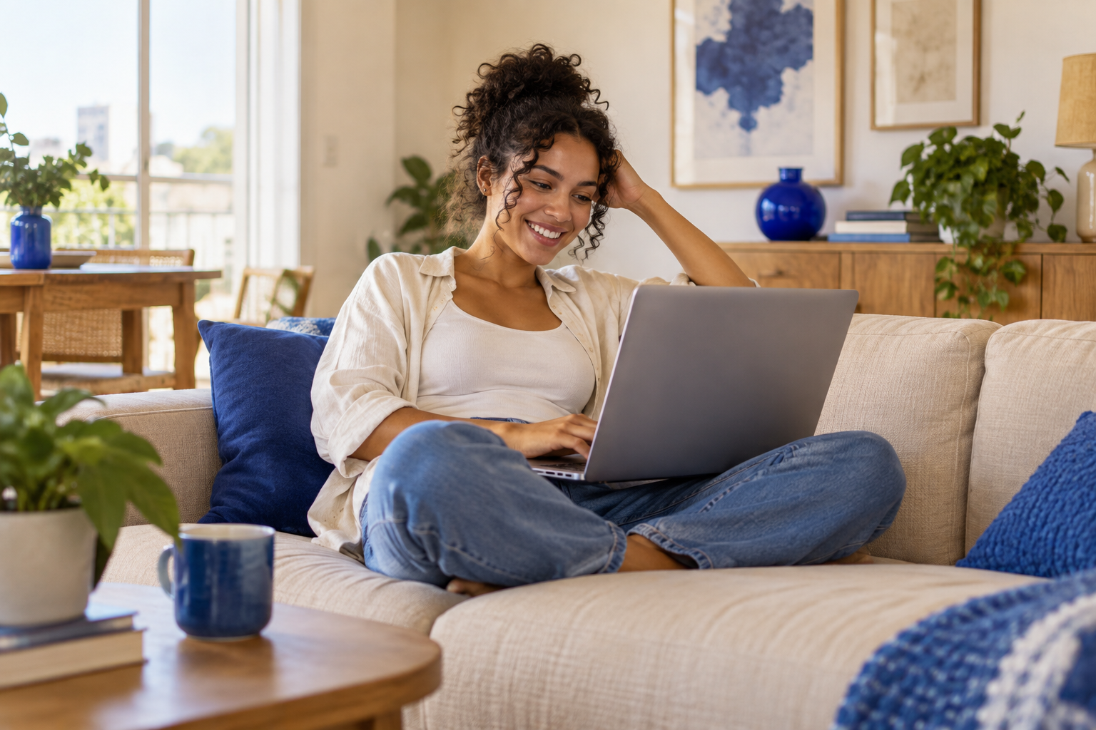 Mulher usando notebook no sofá de casa